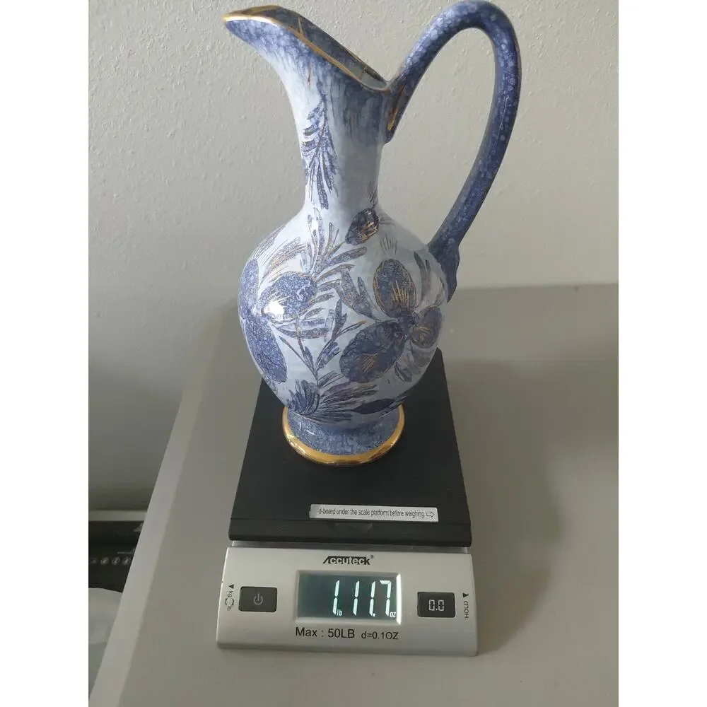 VTG Holland Pitcher Blue Gold Hand Painted Genie Bottle Handle Signed Capri MCM
